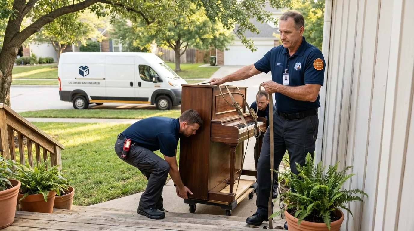 Licensed piano movers securing grand piano in Owenton, KY