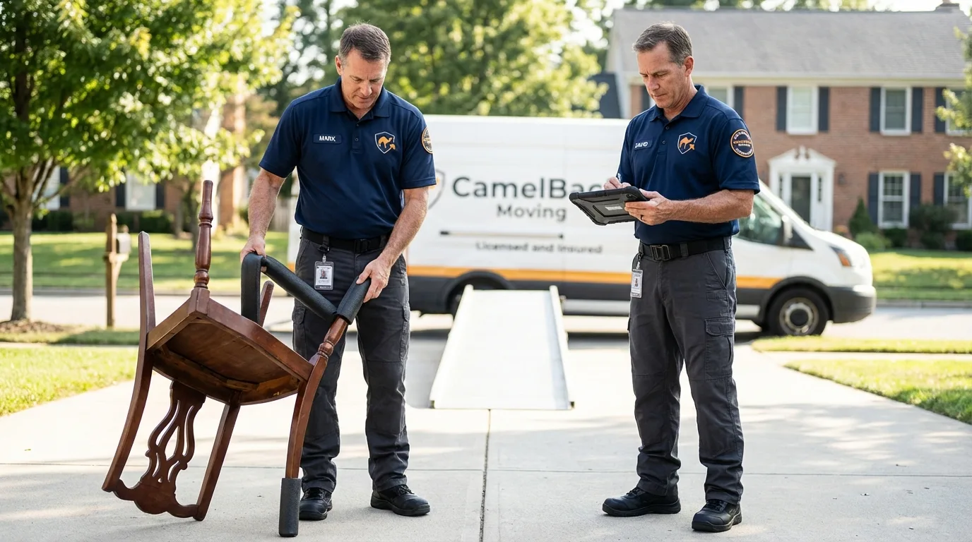 Movers inspecting furniture for damage prevention before loading in Owenton, KY