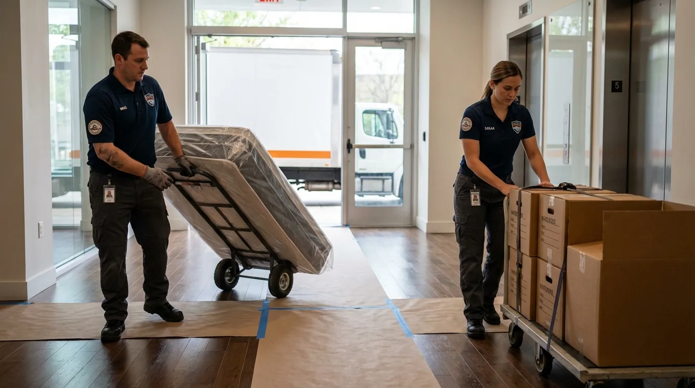 Professional apartment movers loading elevator in Owenton, KY